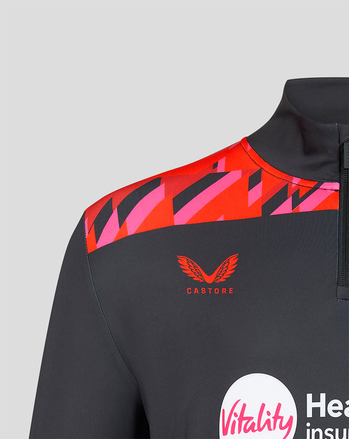 Back view of Welsh Fire 2026 quarter zip top with bold red graphic shoulder panels on dark fabric