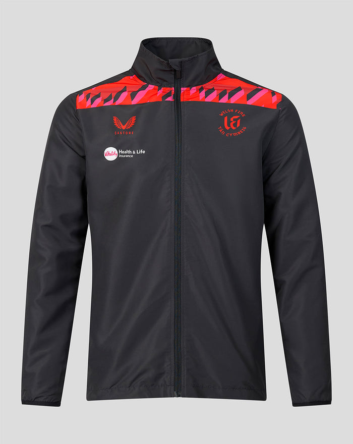 Front view of Welsh Fire 2026 mens woven pre match jacket featuring red geometric shoulder panel and crest on chest.