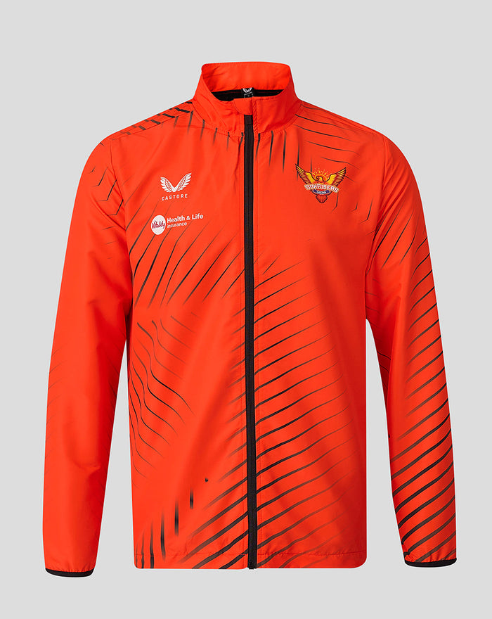 Bright orange red woven pre match jacket for Sunrisers Leeds The Hundred with black diagonal stripes and crest on chest