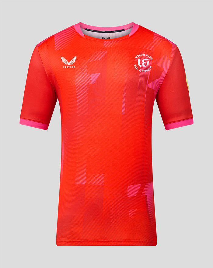 Front view of Welsh Fire 2026 short sleeve stretch jersey in red with crests.