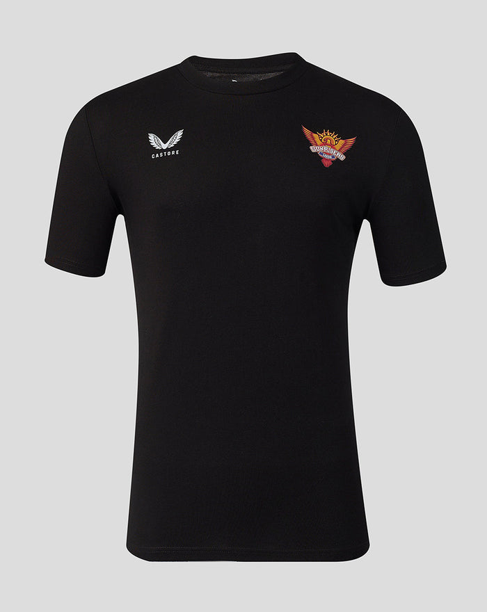 Front view of black Sunrisers Leeds The Hundred Small Wings T Shirt with Castore logo on left chest and Sunrisers crest on right chest