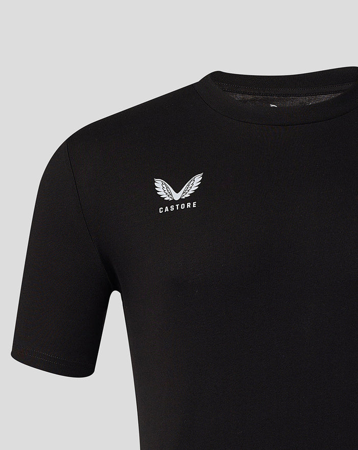 Close up of the white Castore wing logo on the black T shirt chest