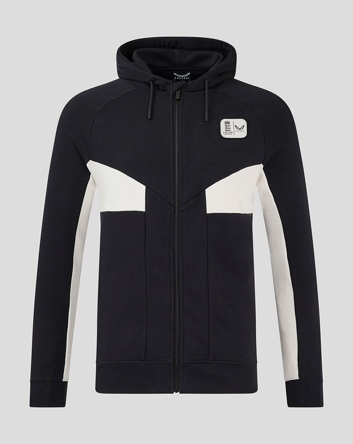 Black zip hoodie with a white patch on the left chest