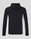 Back view of black hooded full zip jacket with white side panels along the sleeves