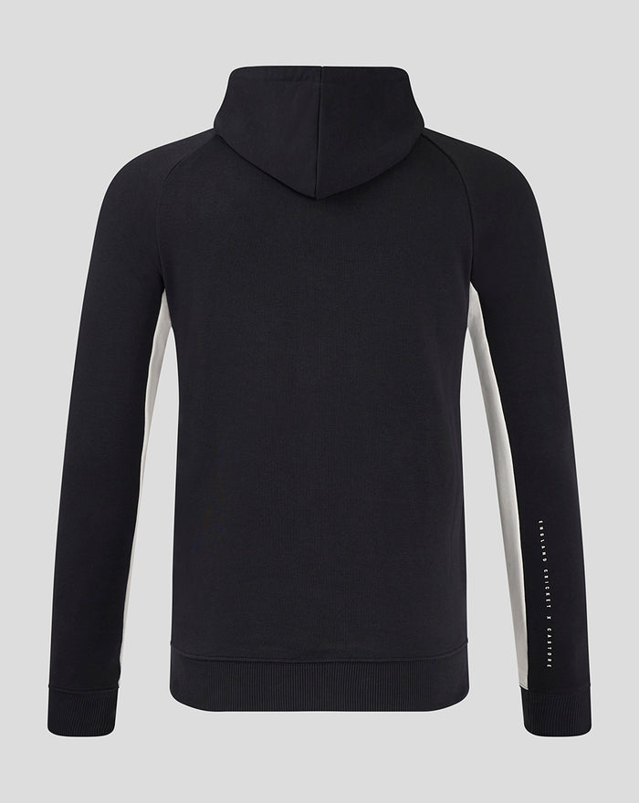 Back view of black hooded full zip jacket with white side panels along the sleeves