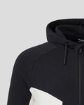 Hooded black full zip jacket with white diagonal panel and front zipper