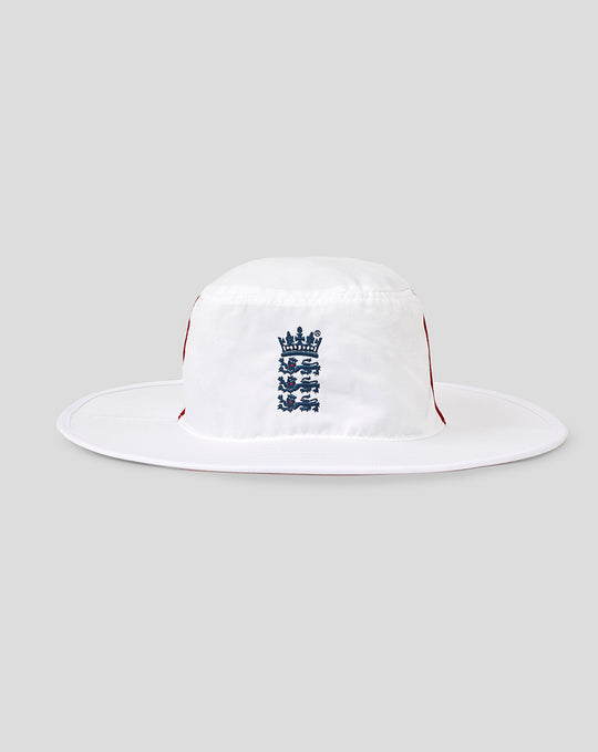 White wide brim hat with blue England Cricket crest on the front