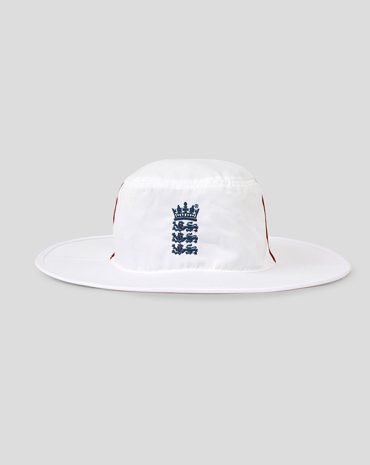 White wide brim hat with blue England Cricket crest on the front