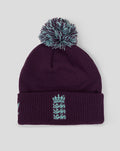 Purple knit bobble hat with teal pom and England crest on the front
