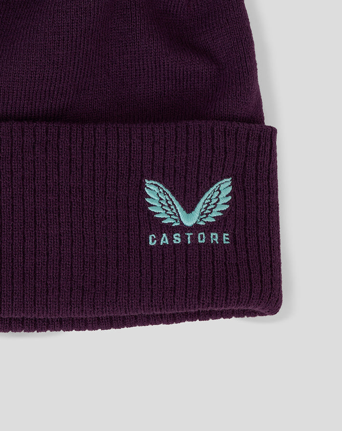Dark purple knit beanie cuff featuring teal England Cricket crest and Castore logo