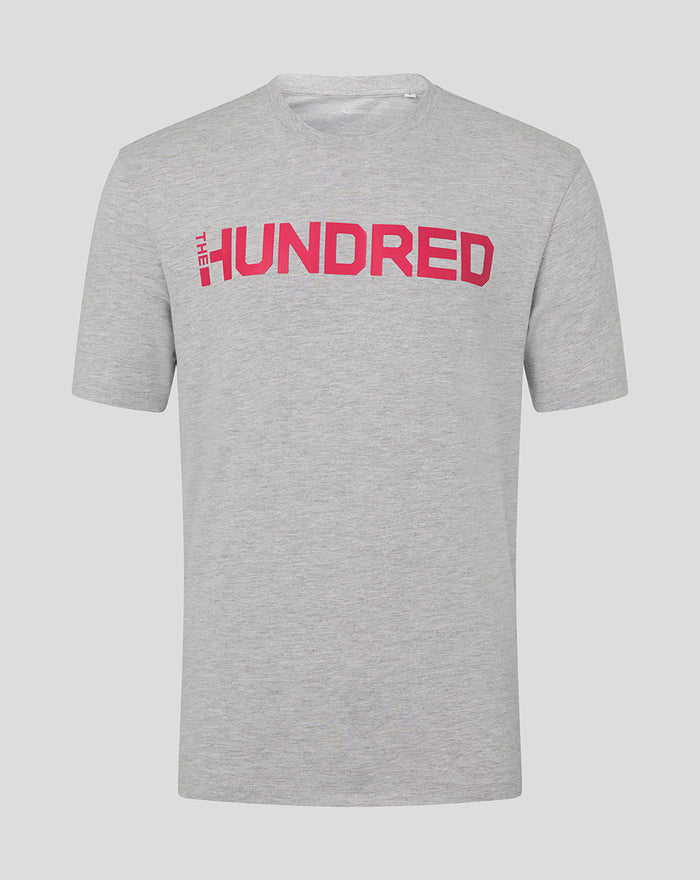 Grey The Hundred Junior All Team T-Shirt with a bright pink The Hundred logo across the chest.