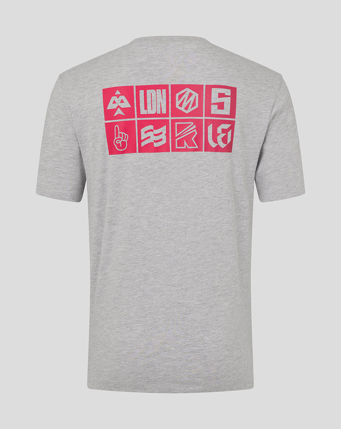 Grey The Hundred Junior All Team T-Shirt back view with a pink grid logo across the upper back