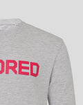 Shoulder and chest area of grey The Hundred T-shirt with bold pink logo