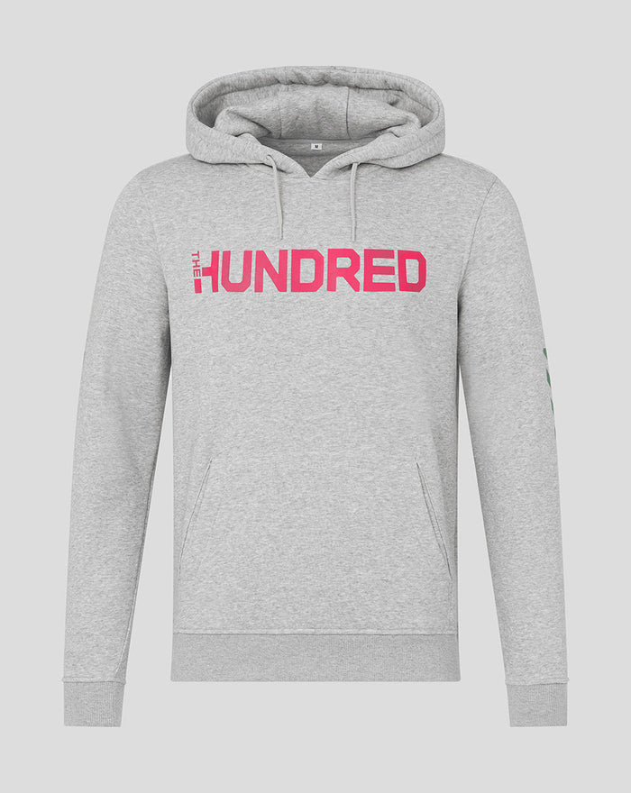 Grey The Hundred adult hoodie with pink THE HUNDRED logo on the chest