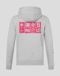 Back view of grey The Hundred Junior All Team Hoodie with a bright pink grid graphic across the upper back.