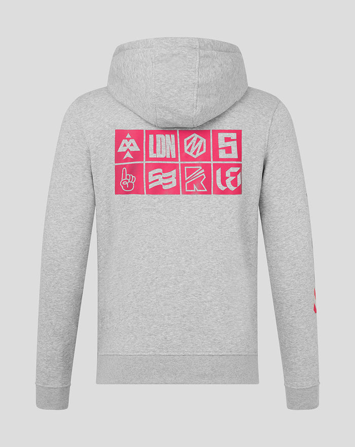 Grey The Hundred hoodie back view with a pink square logo grid across the upper back