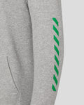 Grey hoodie sleeve with a green diagonal stripe pattern