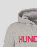 Grey hooded sweatshirt close up showing a pink The Hundred logo across the chest