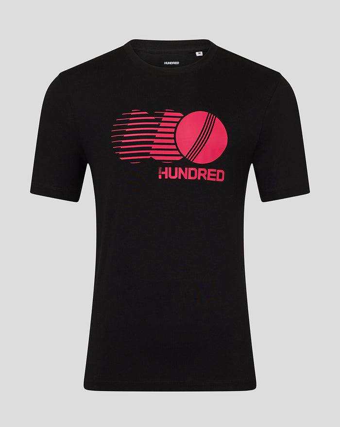 Front view of black The Hundred Junior T-Shirt with a bright pink circular graphic logo on the chest