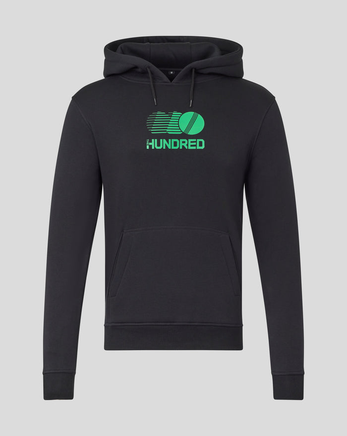 Front view of black The Hundred Junior Hoodie with neon green chest graphic and drawstring hood