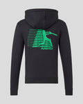 Back view of black hoodie with large neon green graphic of a silhouette and motion lines