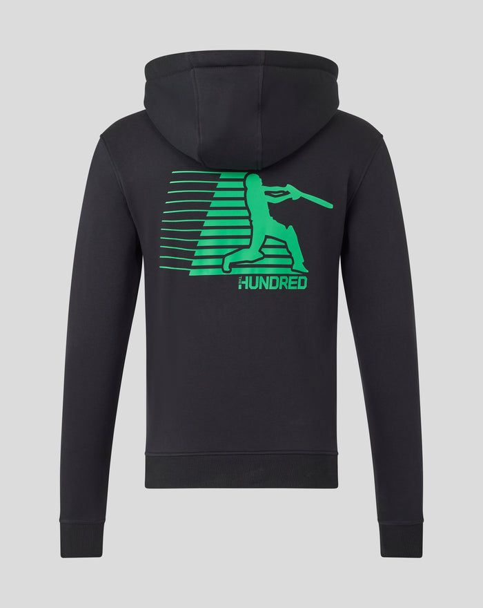 Back view of black hoodie with large neon green graphic of a silhouette and motion lines