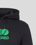 Close up of black hoodie hood with drawstrings and a partial bright green graphic on the chest