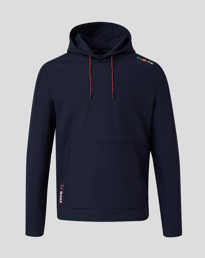 Close-up of navy The Ashes Travel hoodie showing two piece hood with red drawcords and signature stripe on the shoulder