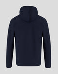 Back view of the navy Ashes Travel hoodie highlighting the hood and clean panel construction