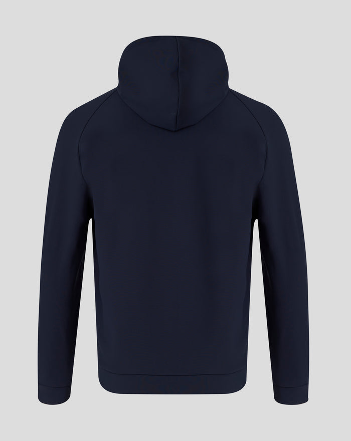 Back view of the navy Ashes Travel hoodie highlighting the hood and clean panel construction