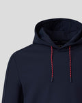 Close up of navy Ashes Travel hoodie hood with red speckled drawcords and a subtle signature stripe at the shoulder