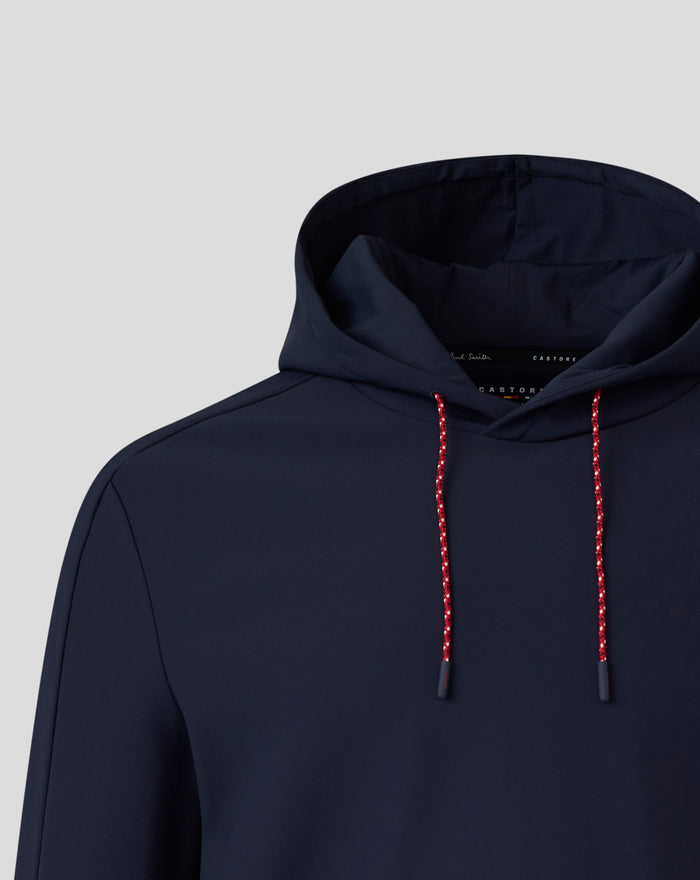 Close up of navy Ashes Travel hoodie hood with red speckled drawcords and a subtle signature stripe at the shoulder