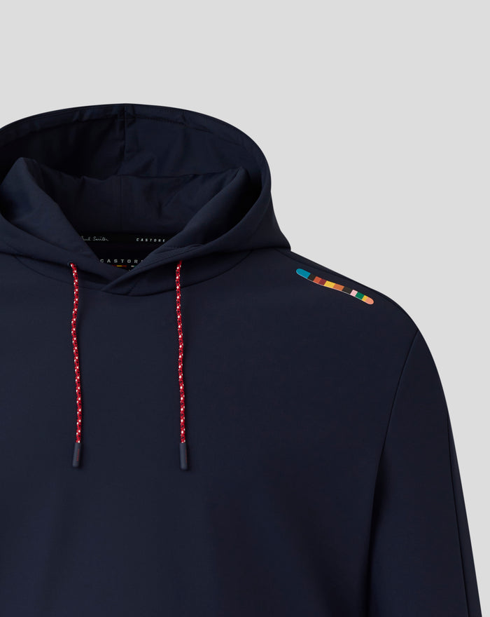 Navy Ashes Travel hoodie chest and hood with red speckled drawcords and interior Castore Paul Smith label