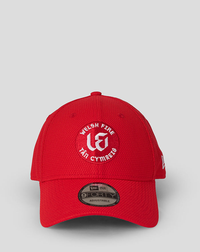 Red Welsh Fire New Era Diamond 9Forty cap featuring an embroidered crest and adjustable strap