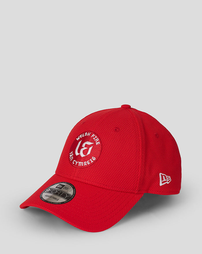 Red Welsh Fire New Era 9Forty cap with circular crest patch on the front and New Era side logo