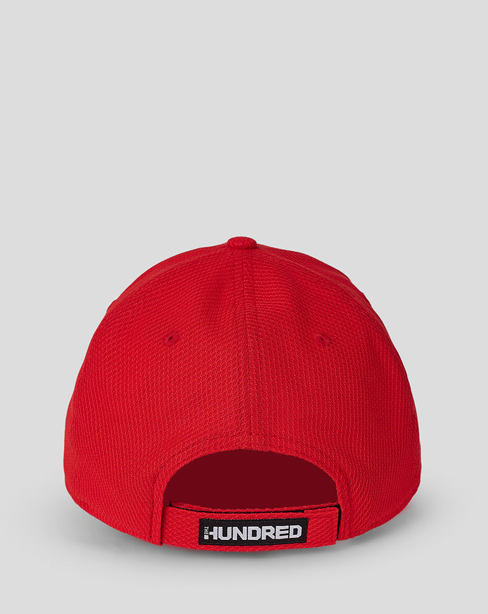 Red cap back view showing adjustable strap with The Hundred branding