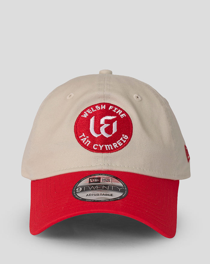 Beige New Era 9Twenty cap with red visor and embroidered Welsh Fire crest on the front