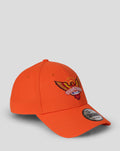 Side angle of orange New Era 9Forty cap featuring the Sunrisers Leeds logo on the front panel and curved brim