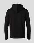 Back view of black unisex hoodie with hood and clean, plain design.