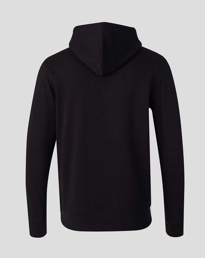 Back view of black unisex hoodie with hood and clean, plain design.
