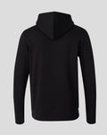 Back view of black hoodie with hood down and a plain design