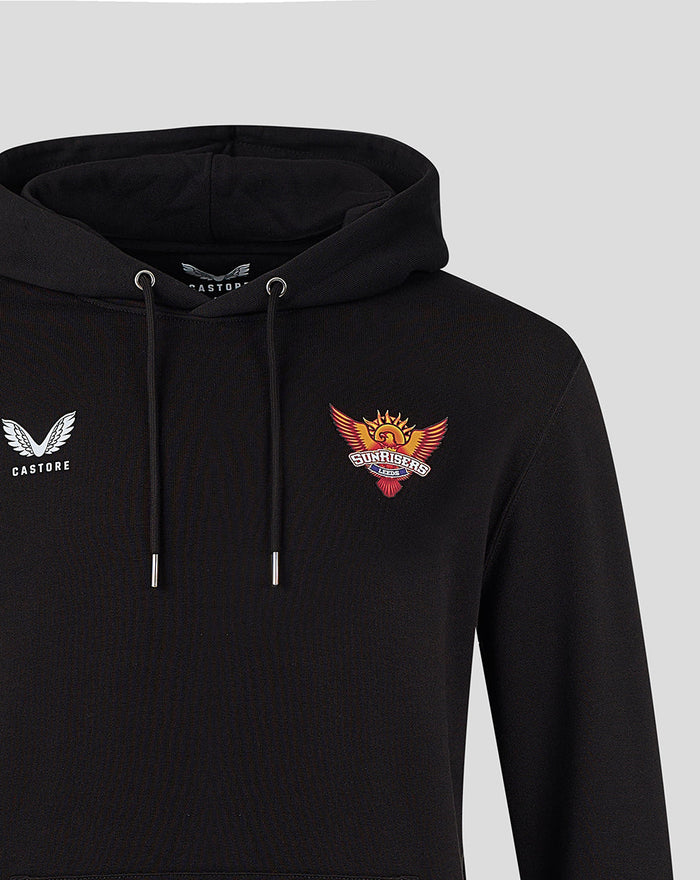 Black unisex hoodie with white Castore wing logo on left chest and Sunrisers crest on right chest